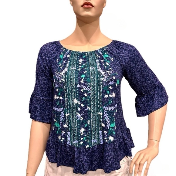 Style & Co Peplum Popover Top Size M. Navy Multi Ruffles at Hem Half sleeves NWT - Picture 1 of 11
